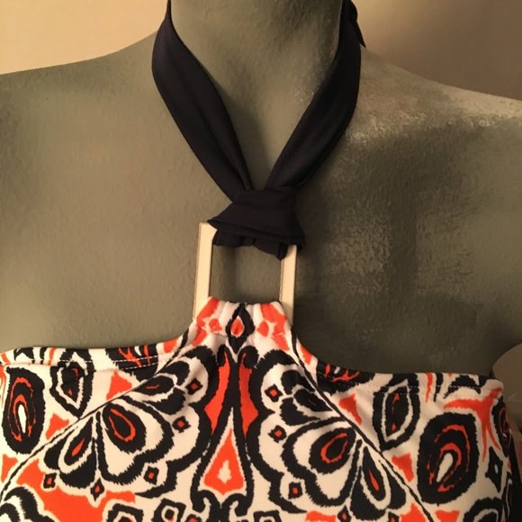 NEW Merona orange/navy print swimsuit top - Picture 2 of 6